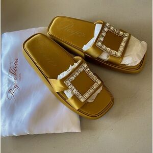 Roger Vivier satin slider size 39, gold mustard with rhinestones, brand new.